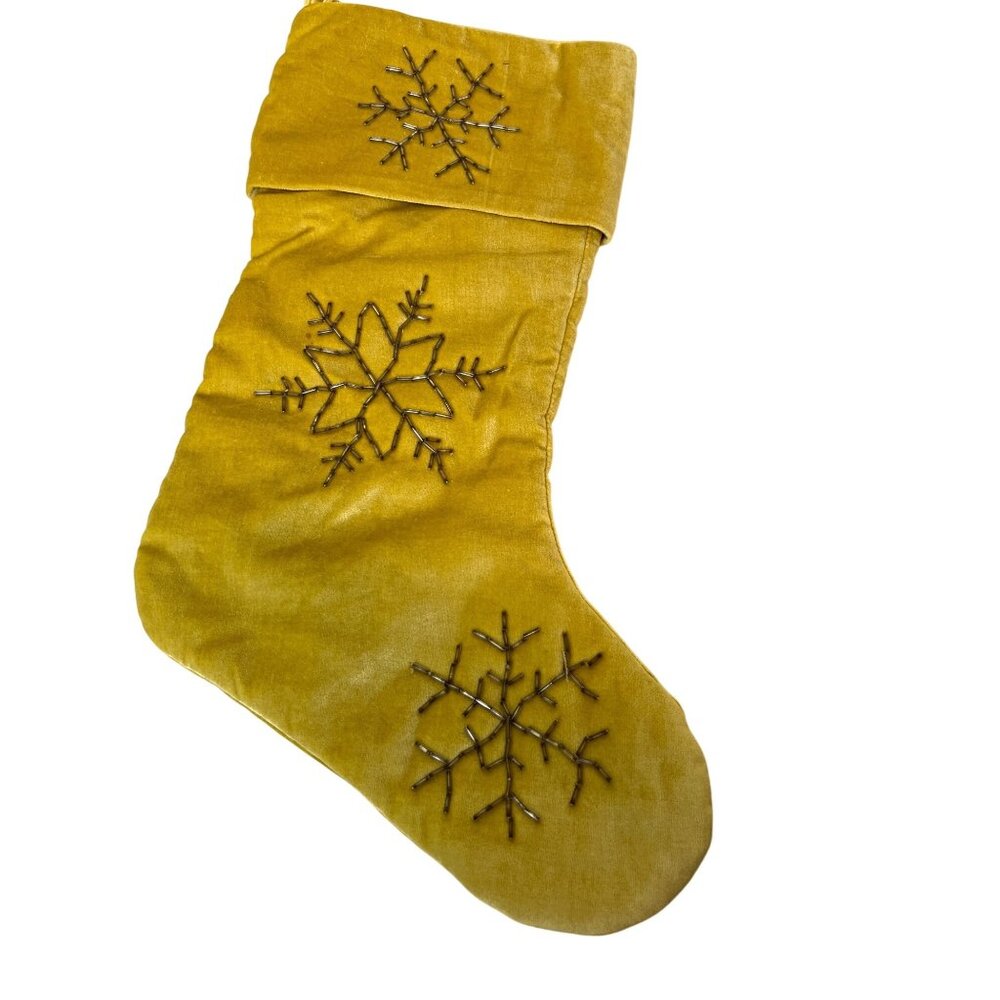 Velvet Stocking Golden Yellow Silver Snowflake Beading Boho Full Size